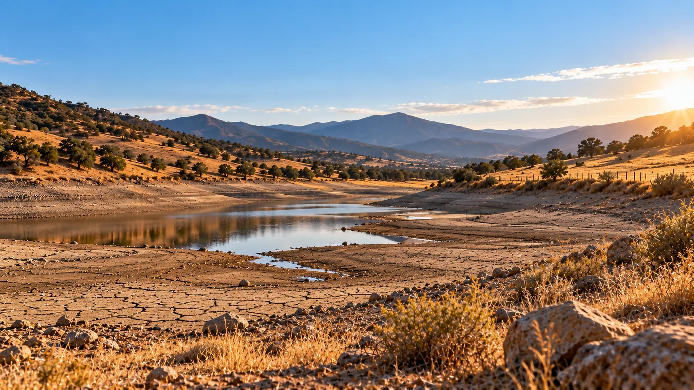 Reservoir with a visibly reduced waterline in a dry rural landscape