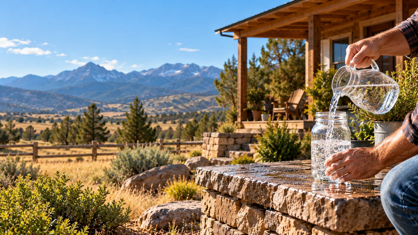 Person pouring fresh water into a clear jar outside a modest rural off-grid home