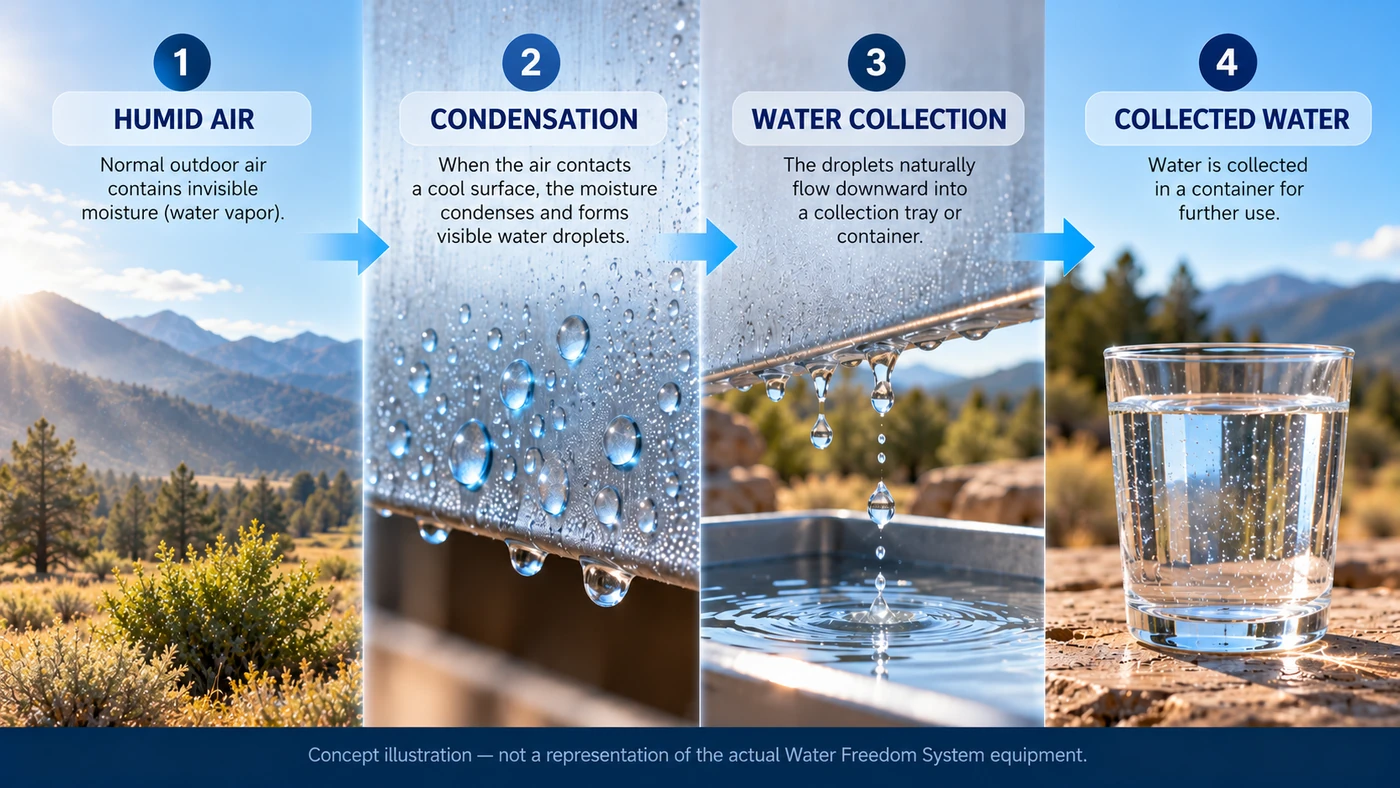 Concept diagram showing humid air, condensation, water collection, and collected water